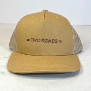 Two Roads Trucker Hat Unisex OS Tan Cotton Blend Mesh Back Snapback Logo
